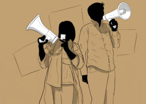 Silhouettes speaking into megaphones
